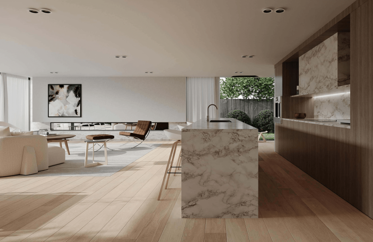 Build Modern Homes 6 Contemporary kitchen renovation featuring sleek cabinetry, marble countertops, and pendant lighting